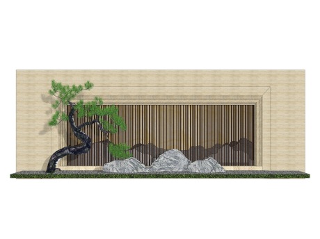 新中式片石假山松树景墙SU模型