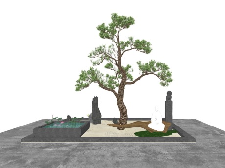 新中式松树水池水景SU模型