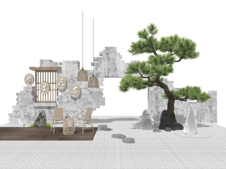 新中式松树枯山水景墙SU模型