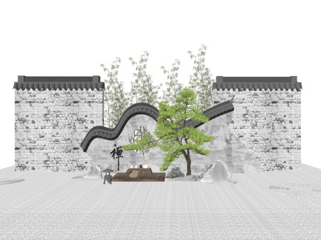 新中式枯山水松树茶桌景墙SU模型