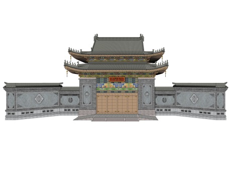 清代寺庙歇山顶八字影壁彩绘山门SU模型