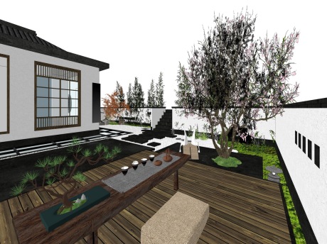 新中式民宿庭院景观SU模型