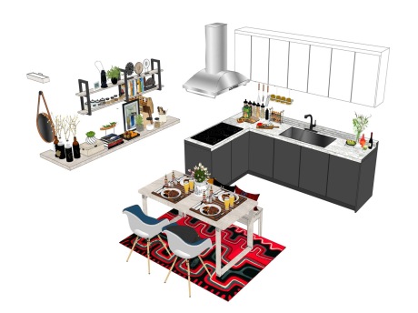 厨房橱柜餐桌椅食物食品组合SU模型