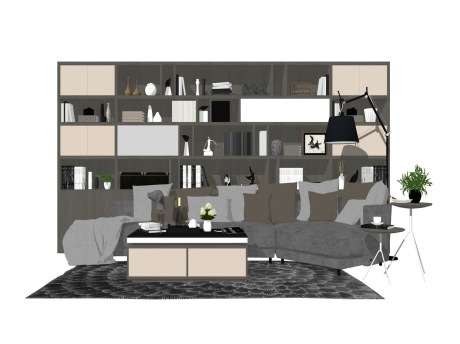 现代沙发茶几书柜组合SU模型