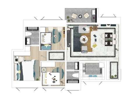 新中式三房两厅家装空间SU模型