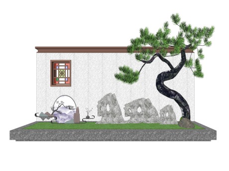 新中式松树太湖石景墙SU模型