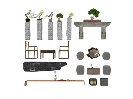 中式石桌石凳盆景小品组合SU模型