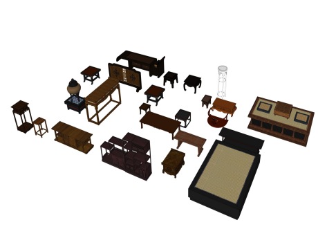 古代宫廷桌几边几组合SU模型