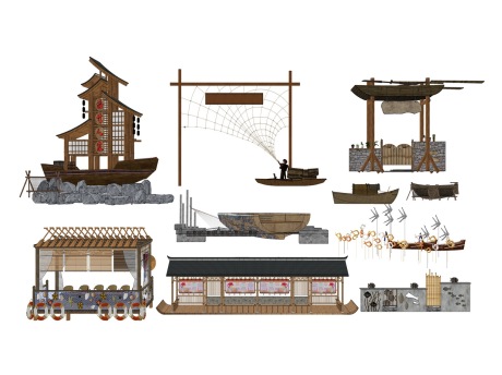 美丽乡村渔文化小品渔船村标廊架景墙SU模型