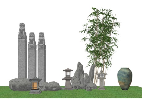 新中式石头假山拴马桩陶罐石灯笼小品SU模型