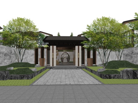 新中式别墅区景观SU模型