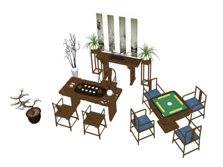 新中式茶桌椅麻将桌椅端景台组合SU模型