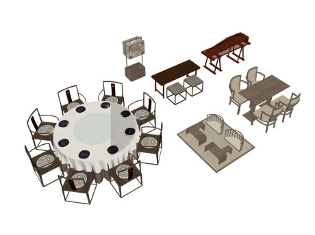 新中式餐桌椅古筝组合SU模型