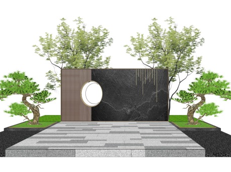 新中式圆洞镂空景墙SU模型