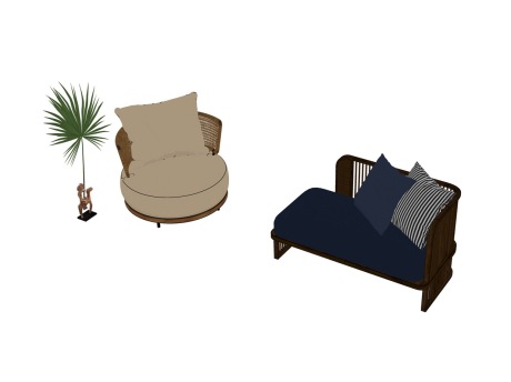 现代侘寂风单人沙发贵妃椅组合SU模型