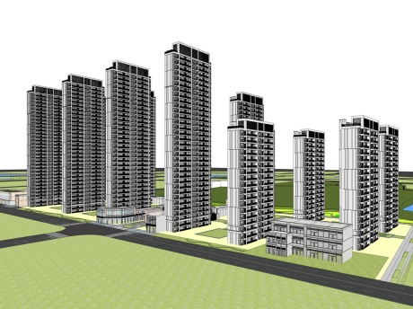 现代高层住宅+商业街SU模型