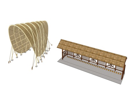 竹廊架停车棚SU模型