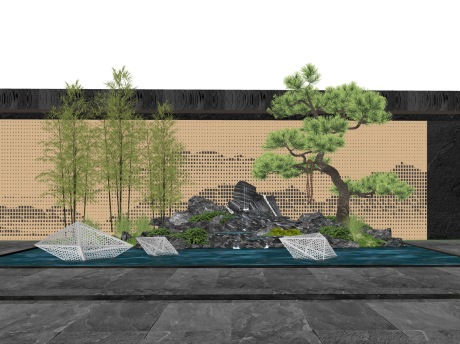 新中式跌水假山松树雕塑竹子景墙SU模型