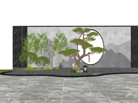 新中式山水景墙松树竹子拴马桩小品SU模型