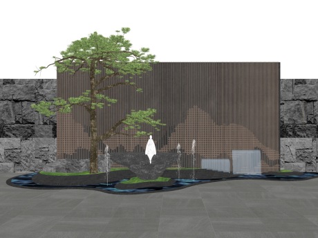 新中式山水景墙石头松树水景小品SU模型