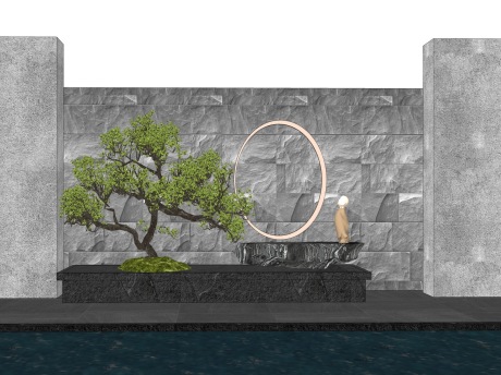 新中式造型树石头雕塑景墙SU模型