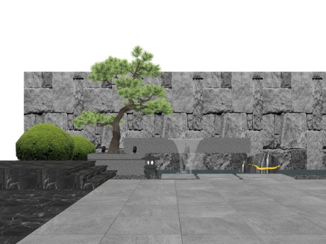 新中式造型树跌水景墙SU模型
