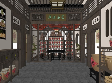 中式酒馆餐厅SU模型