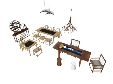 新中式茶桌椅吊灯组合SU模型