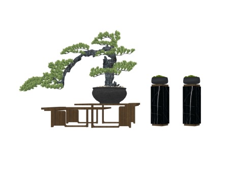 3D罗汉松造型松苔藓盆栽SU模型