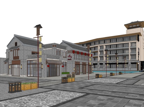 新中式商业街+酒店SU模型