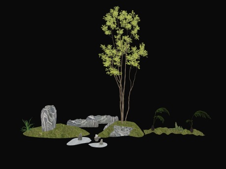 新中式石头苔藓树小品SU模型
