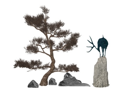 新中式松树石头鹿雕塑小品SU模型