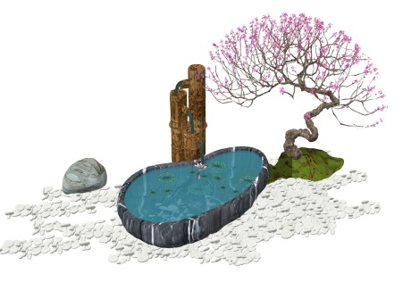 新中式红梅石头水钵水景SU模型