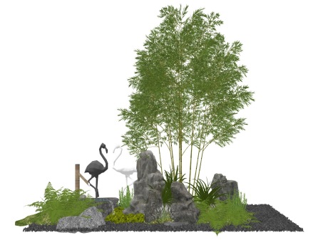 新中式石头假山竹子花草植物鹤雕塑小品SU模型