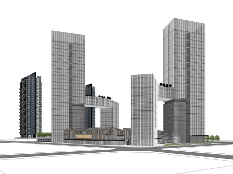 现代高层办公楼+商业街SU模型