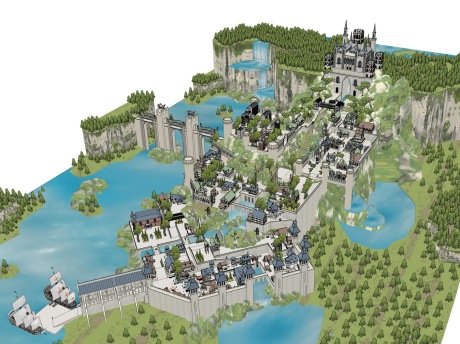 欧式城堡瀑布王国SU模型
