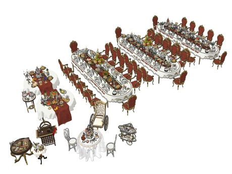 欧式餐桌椅餐具食物SU模型