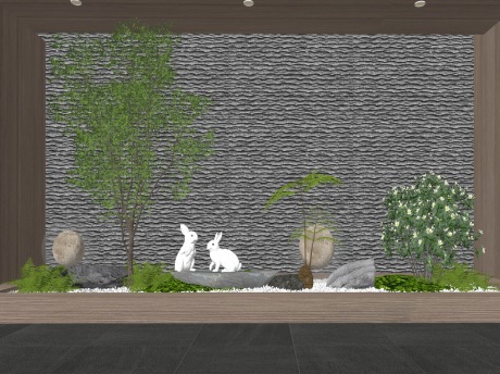 现代庭院植物树蕨草石头背景墙SU模型