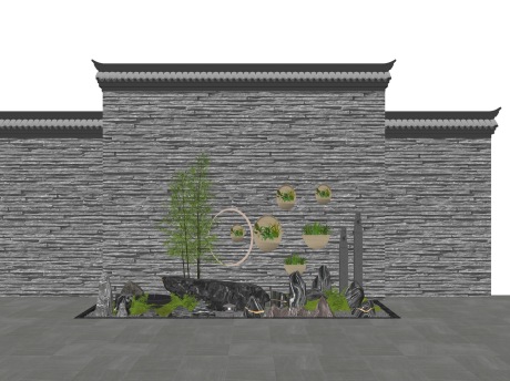 新中式枯山水石头假山文化墙小品SU模型