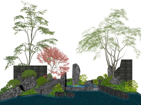 新中式石头文化墙拱桥小品SU模型