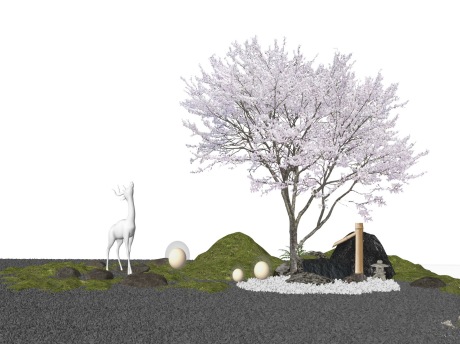 樱花树石头苔藓水景鹿雕塑小品SU模型