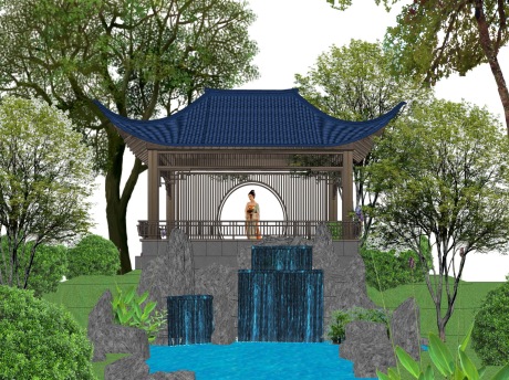 新中式凉亭跌水水景SU模型