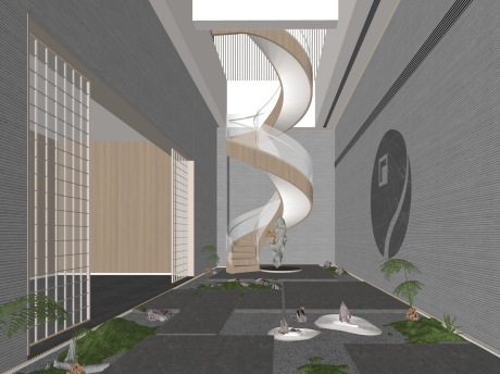 新中式天井庭院景观旋转楼梯SU模型