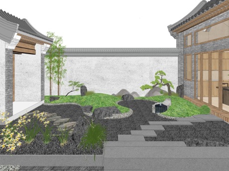中式四合院庭院景观SU模型