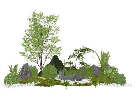 新中式石头灌木树苔藓小品SU模型