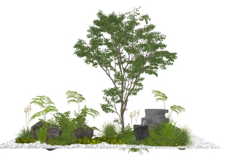 新中式树石磨水景灌木苔藓小品SU模型