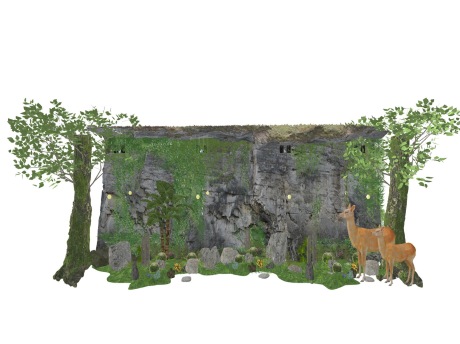 新中式藤蔓爬藤树石头灌木鹿雕塑小品SU模型