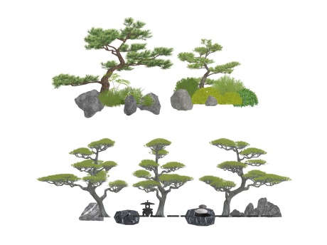 新中式造型松迎客松松树SU模型