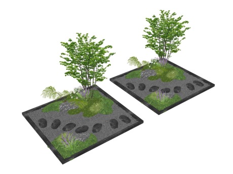 新中式灌木苔藓树汀步小品SU模型