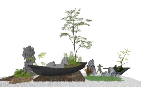 新中式太湖石石头造景船小品SU模型